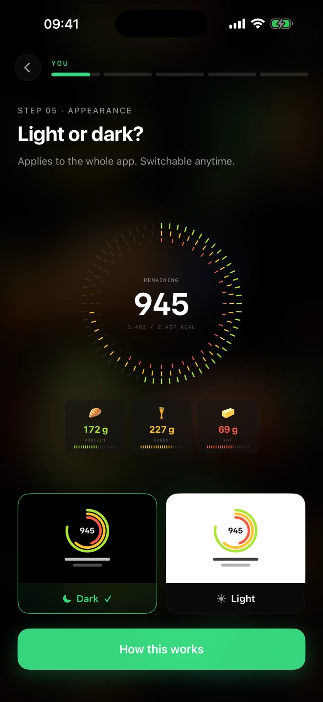 Onboarding V6 mit Ring und Sticker-Hintergrund im Dunkelmodus / Onboarding V6 with its ring and sticker background in dark mode